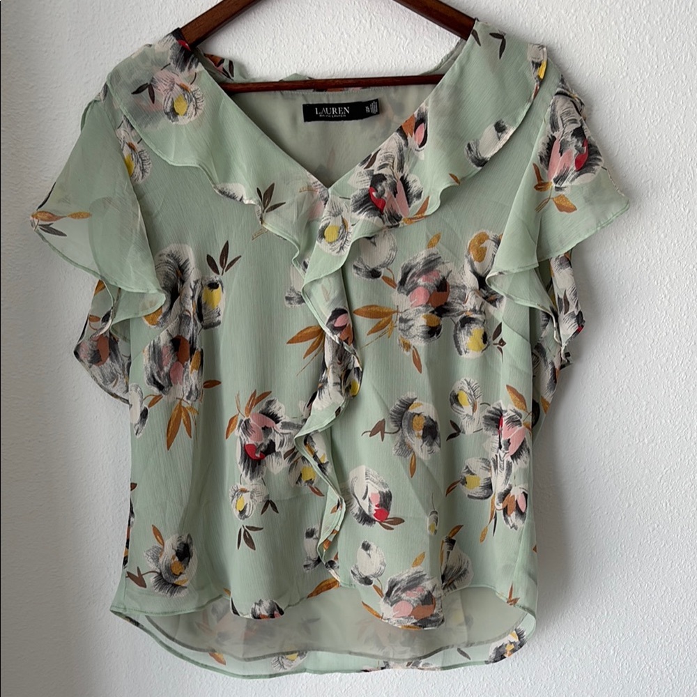 Ralph Lauren Crinkled Sheer Chiffon Floral Blouse Top